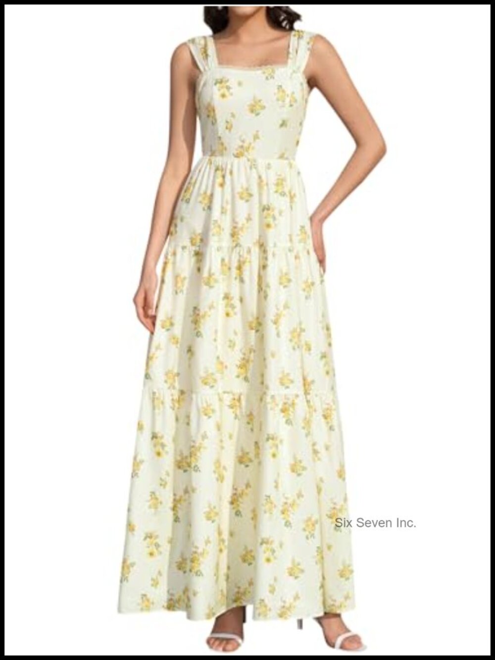 Flowy Floral Maxi Dress with Lace-Up Square Neck A-Line Wedding Guest Dress